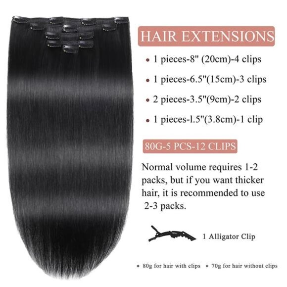 Clip in Hair Extensions Real Human Hair Jet Black Hair Extensions Clip ins Remy - Picture 3 of 7